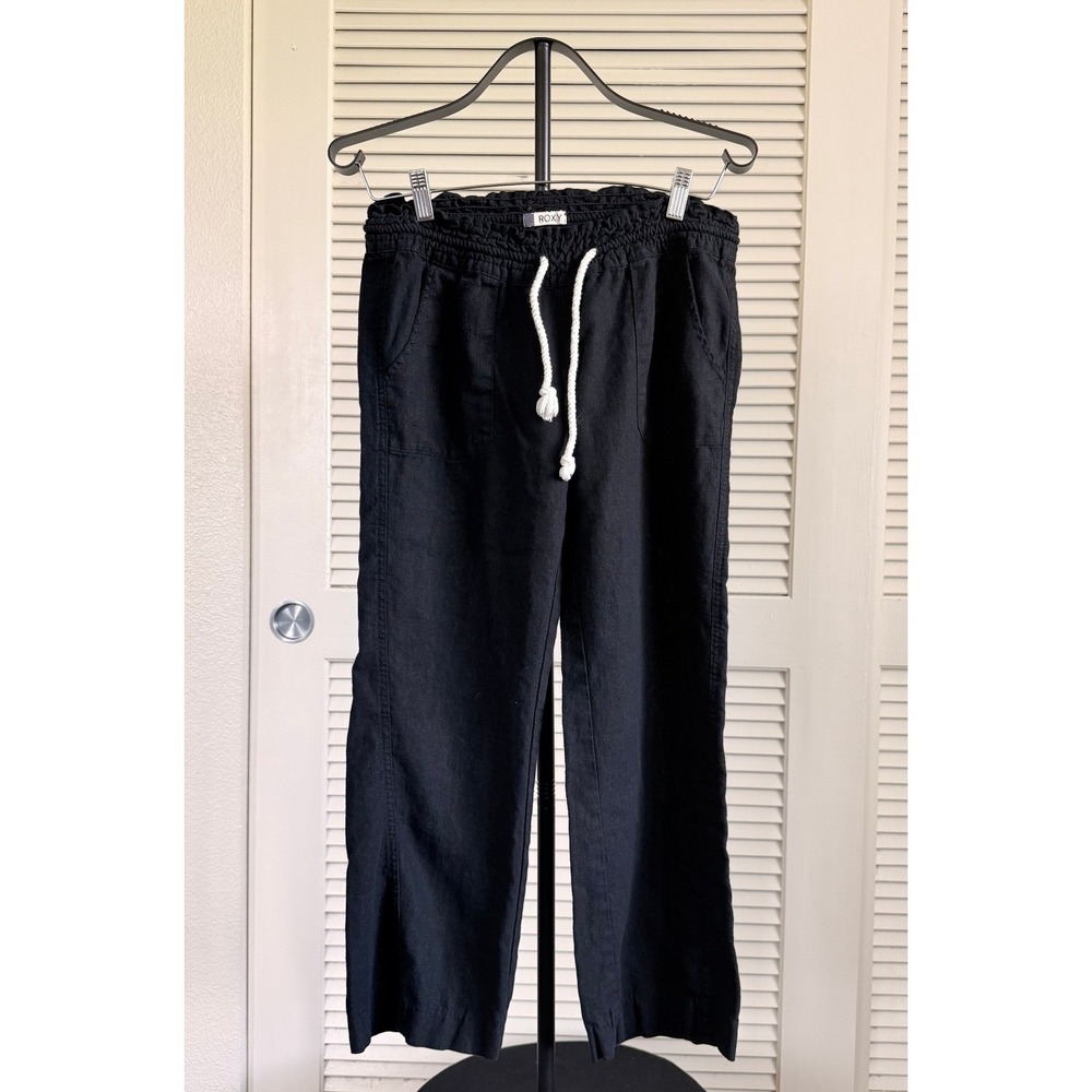 Roxy Ocean Side Black Linen Blend Drawstring Beach Pants Size M - Picture 2 of 7